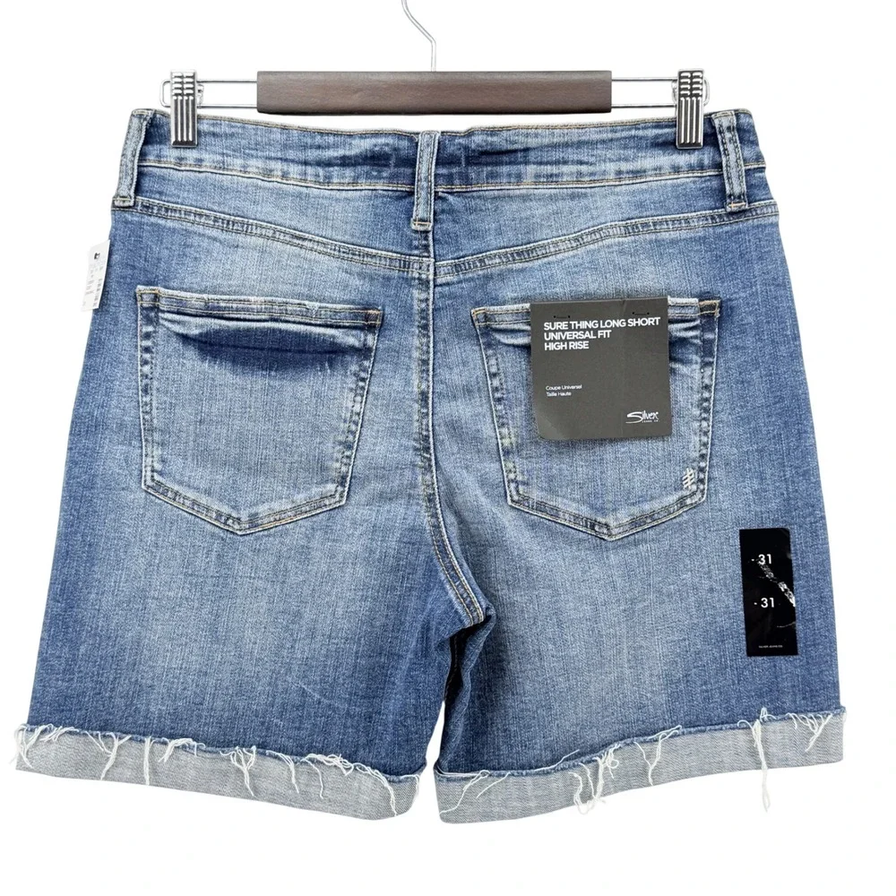 Silver Jeans Co Sure Thing Long Short Womens 31 Indigo NWT High Rise Distressed